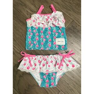 Jane + Jo Girls Swimsuit Set 2T Pink Floral Ruffle Tankini Swimwear Kids